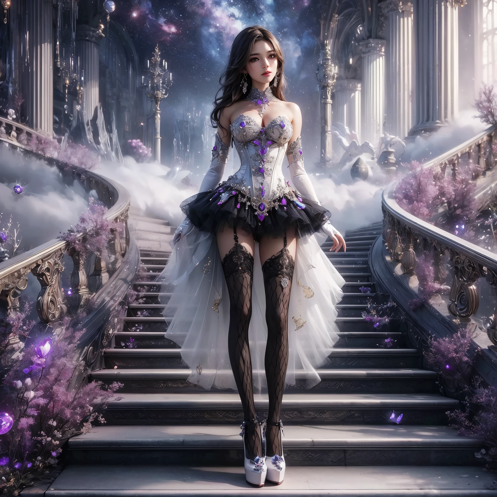 An asian woman with loose hair, standing on the stairs in the middle of a magical atmosphere, with a predominantly white and pink costume, a strapless corset-style dress decorated with bright purple jewels, a short tutu skirt, black thigh-high stockings with lace tops and ornaments purple jewels, white high heels with gold decoration, grand staircase background under mysterious sky full of stars and celestial bodies, crystal detailed, hyper realistic, hyperdetailTransparent clothing, Detailed gemstones, masterpiece, best quality:1.2),,(8k,highres,RAW photo,realistic,photo-realistic:1.3),(detailed skin texture,detailed cloth texture, beautiful detailed face:1.25),professional lighting,photon mapping,beautiful soft light,radiosity,physically-based rendering,raytracing, model shoot style, model shoot style, (extremely detailed CG unity 8k wallpaper), full shot body photo of the most beautiful artwork in the world (NSFW), (Nude), (Naked), (Nipple) (pussy) (exposed pussy)