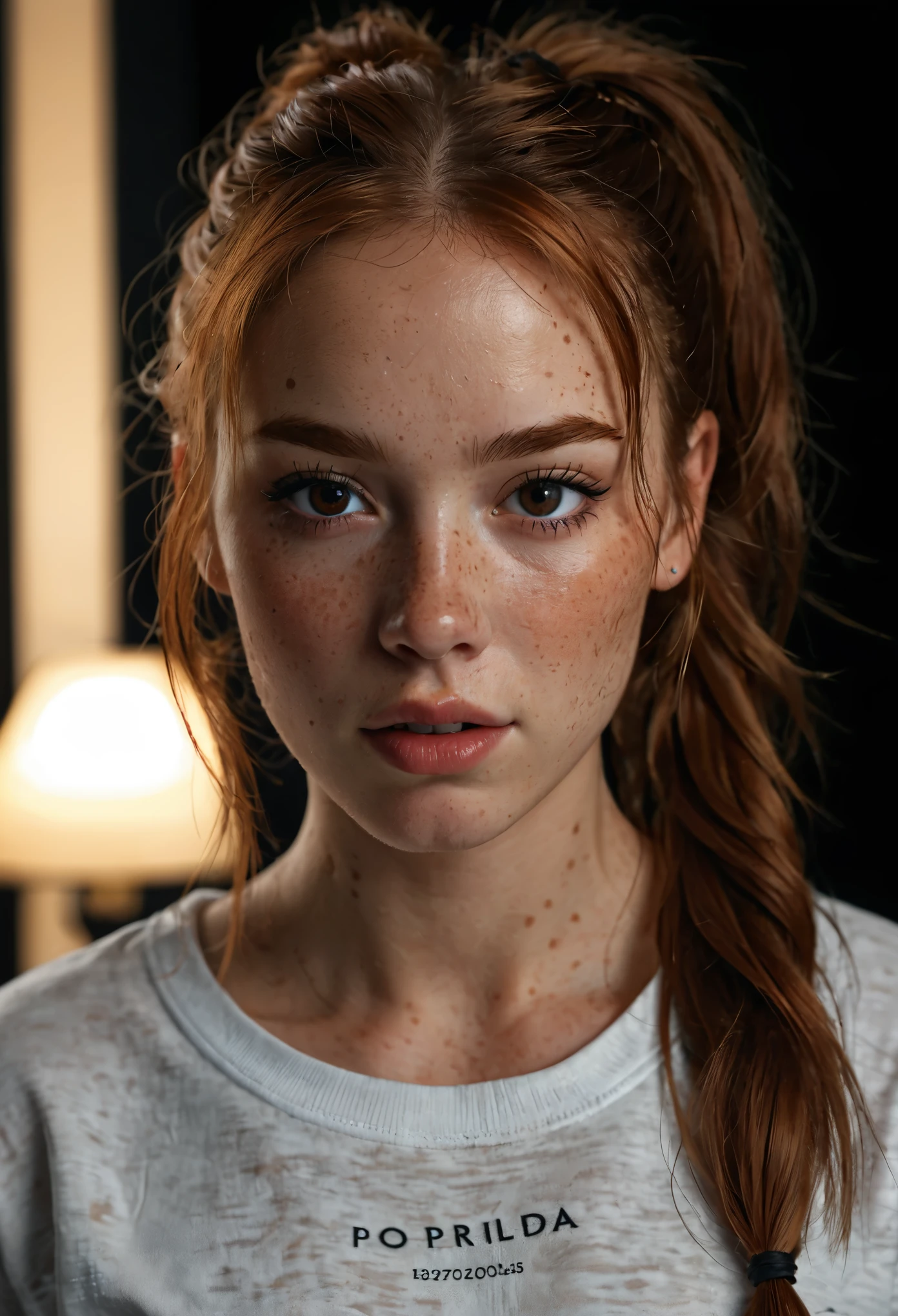 photo,8k,sharp focus,beautiful woman,close up,t-shirt,(detailed eyes:0.8),(looking at the camera:1.4),(highest quality),(best eyeshadow),brown eyes,rim lighting,two tone lighting,dimly lit,low key,intricate details,interior,ponytails,ginger hair:1.3,open mouth:0.7,freckles, photo, (realistic:1.3), 8k, brown hair 