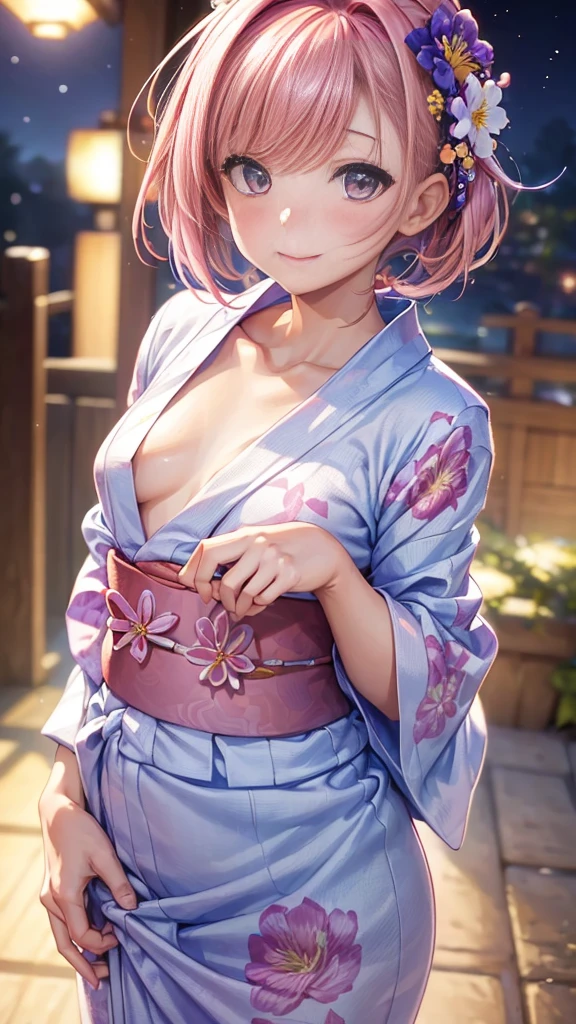 (masterpiece, highest quality:1.4), Beautiful Face, 8k, 85mm, Absurd, (Floral Yukata:1.4), Face close-up, violet, Gardenia, Delicate girl, alone, night, View your viewers, Upper Body, Film Grain, chromatic aberration, Sharp focus, Face Light, Professional Lighting, Sophisticated, (smile:0.4), (Simple Background, Bokeh Background:1.2), detailed aspects,(((Show me one nipple:0.57))),((Very young and small:1.2),(Pink hair with flowers:1),((Show me the vagina:1.2)),(Semen flowing from the vagina),(Vaginal womanizer),