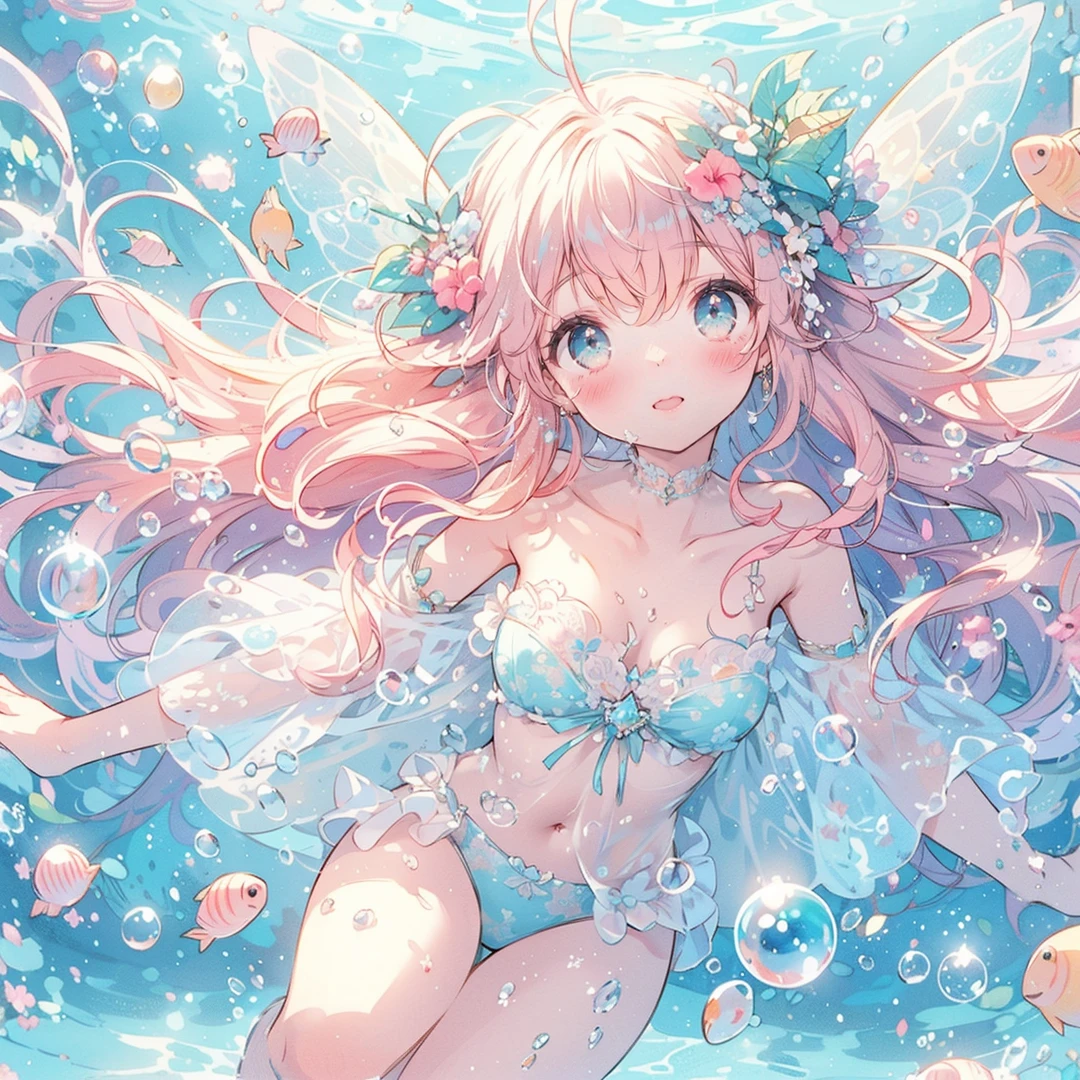 (Exquisite, beautiful, Very detailed, masterpiece, high resolution,high quality,High resolution),(Well-formed face,Soft and thin lines: 1.2, Beautiful, delicate and vivid illustrations with a mature and clear feel), A fairy princess with fairy wings is swimming in the sea in a swimsuit,front,Whole body,whole body,((Floating on water,drifting)),(In the beautiful tropical sea,泡が沢山drifting,fish),(Transparent fairy wings grow from your back), (Laughing happily with mouth open,smile:1.5), (Pearl Tiara, Pearl Earrings, Pearl Choker), Pastel mermaid dress,Ribbons, lace and frills, (Pale pink blush, Plump pink lips,Large Bust,Fair skin, Good style),Bright colors,Eye-catching colors,Dynamic Angles
