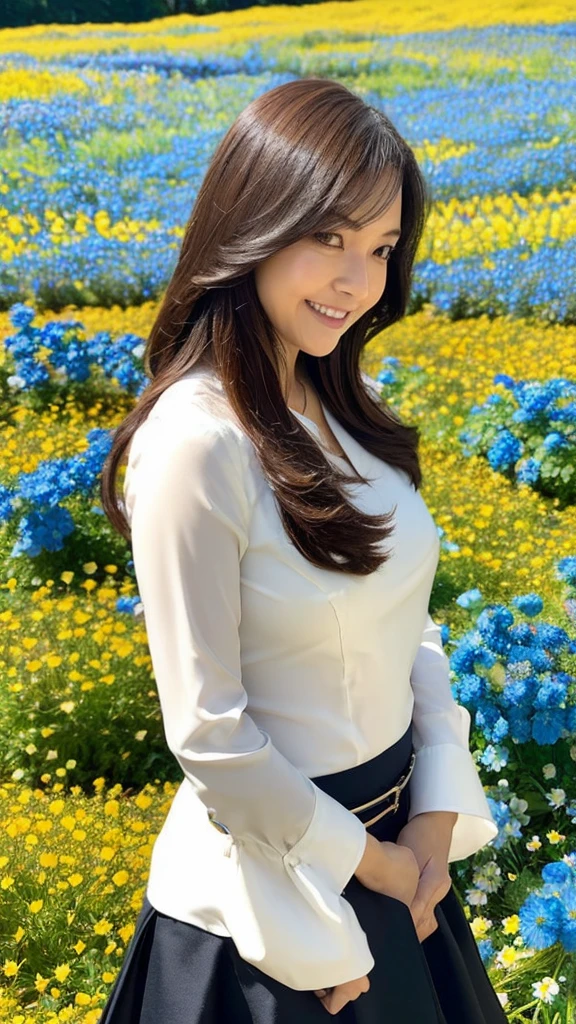 ((Top Quality)), ((8K)), ((Masterpiece: 1.3)), (Perfect Appearance), (Photorealism: 1.6), (Japanese woman standing in the middle of a flower field: 1.6), (outdoors), (bright blue sky), (Nemophila flower garden: 1.6), japanese woman, (30 years old), ((Realistic skin texture)), (Fine wrinkles throughout the skin: 1.3), (Dull skin: 1.1), (Skin without moisture: 1.2) , (Wrinkles on the face: 0.9), (Wrinkles on the corners of the eyes: 1.2), Double eyelids, tear bags on the lower eyelids, (Crying moles: 0.9), The eyes are looking here, serious gaze, (Dimples: 1.2), smile with the corners of the mouth raised wide, straight medium length, soft fabric blouse, (Plump and glamorous body), (wide sleeves), (Cuffs that fit your wrist), (The hem of the blouse is tucked into the skirt: 1.2), flare skirt, high heels, (focus on upper body: 1.3), (low angle: 1.4),