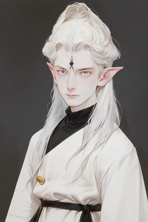 FenrisYes, One, 1 boy, Male focus, Pointed ears, realistic, elf, White hair, come back safe, portrait, Black background, Simple background, White tattoo
