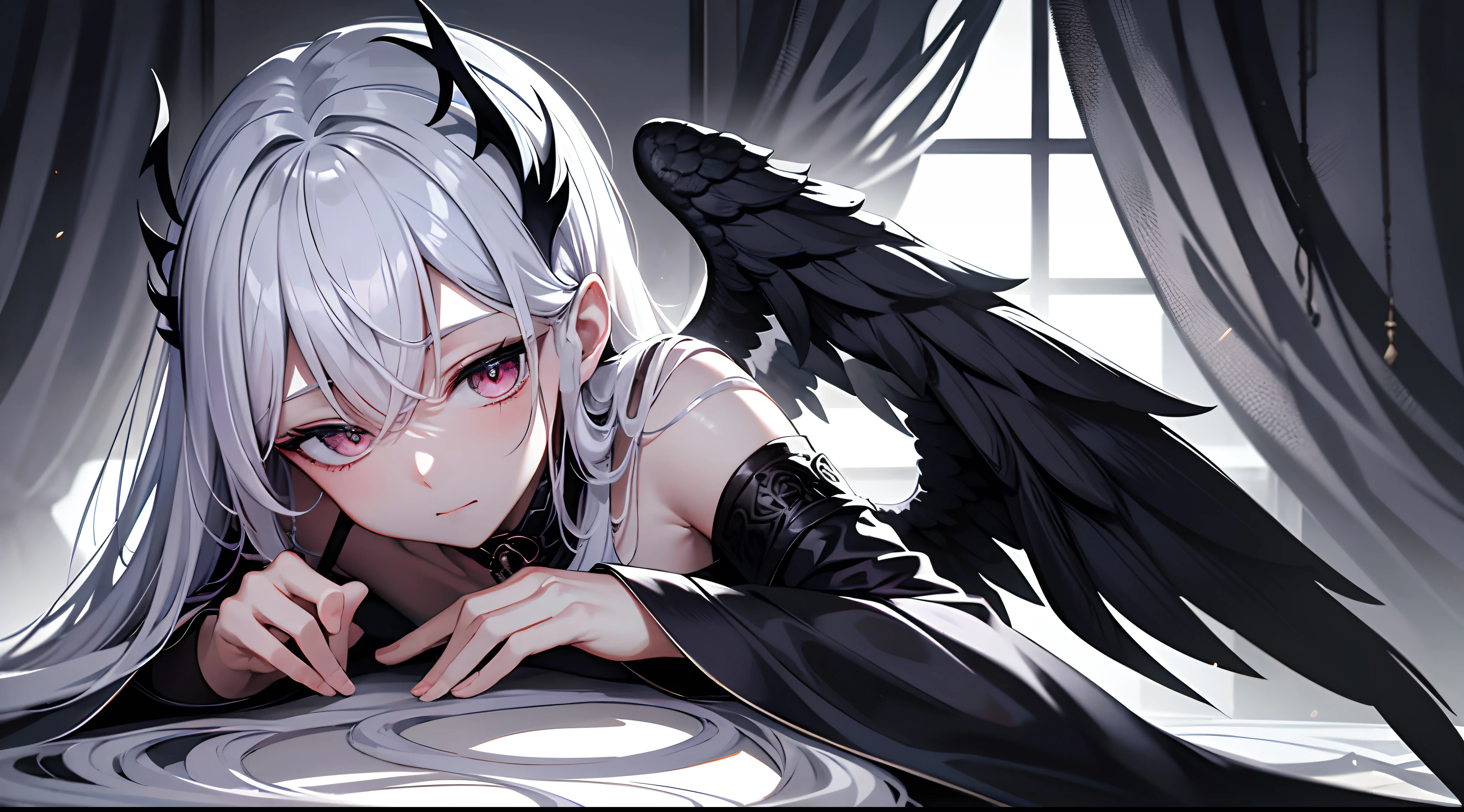 masterpiece，Portrait of a praying angel，bad face，Drei Augen，Augen geschlossen，Black and white wings，Ein von Dunkelheit und Licht erodierter Rahmen