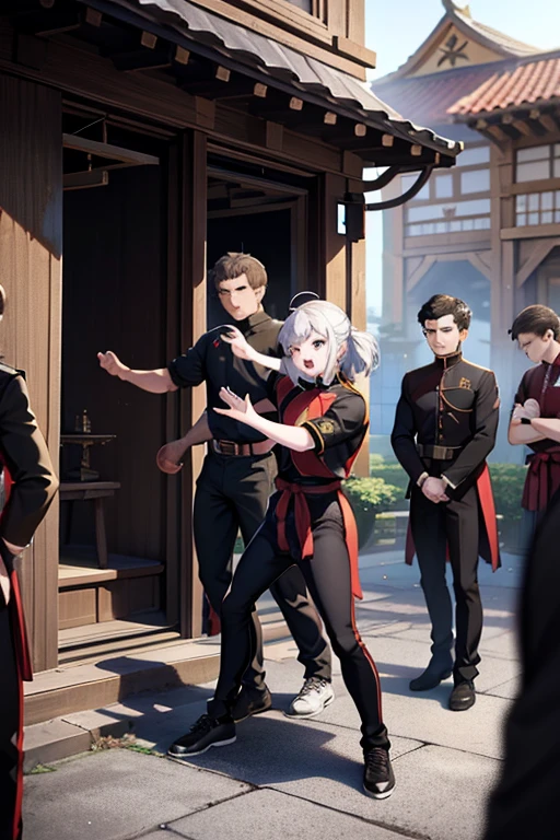 A Large Group of Young Martial Arts Fighters Gathered in an Outdoor Courtyard Decked in Martial Arts Cultural Flags, bronze black gold statues are adorning the entire environment, young people are talking to each other. Ah on the scene teenage boys and girls. They are dressed in their respective clan uniforms..