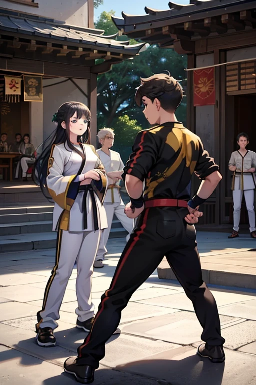 A Large Group of Young Martial Arts Fighters Gathered in an Outdoor Courtyard Decked in Martial Arts Cultural Flags, bronze black gold statues are adorning the entire environment, young people are talking to each other. Ah on the scene age boys and girls. They are dressed in their respective clan uniforms..