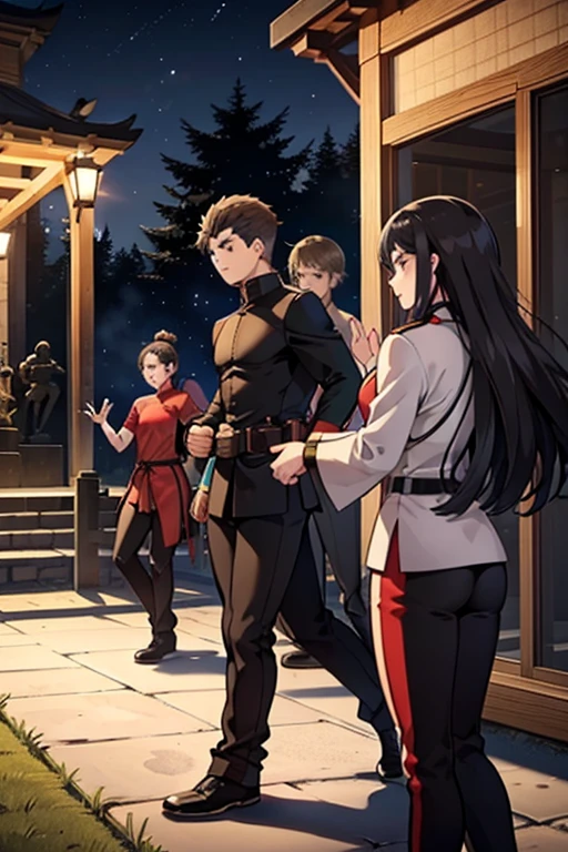 A Large Group of Young Martial Arts Fighters Gathered in an Outdoor Courtyard Decked in Martial Arts Cultural Flags, bronze black gold statues are adorning the entire environment, young people are talking to each other. Ah on the scene teenage boys and girls. They are dressed in their respective clan uniforms..
