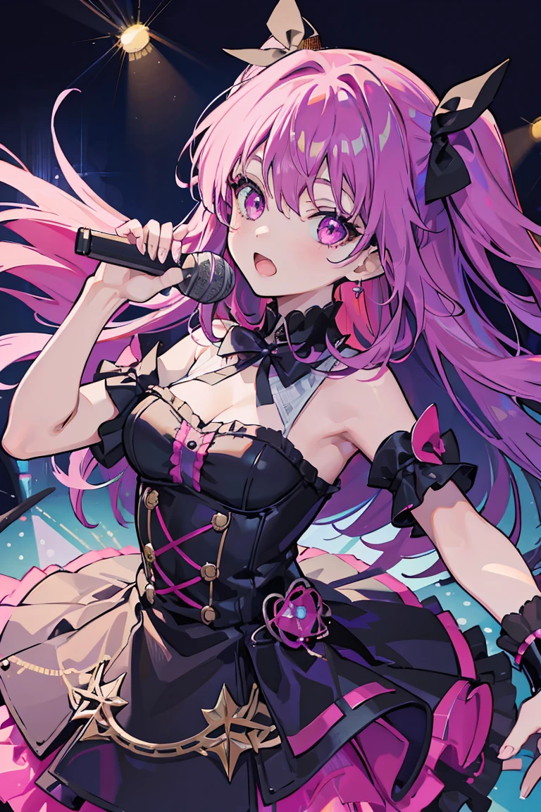 1 girl, Idol, Colorful clothes, nice, Open your mouth, Holding a microphone, sing, Dark pink and purple long hair, Side Up, Big bouncy hair, ribbon, Dark pink eyes, Dark Eyes, Glamorous stage, Spotlight, , Colorful Hair, Messy Hair, tonality, Romanticism, modern art, Impressionism, reflected light, 8k, masterpiece, Advanced Details, highest quality, Accurate