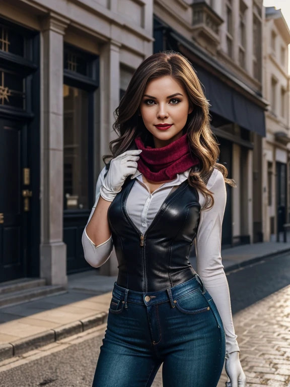 Elisha Cuthbert、(masterpiece:1.0), (Highest_quality:1.2), (Dark Shot:1.3), Classic Rogue, 1991 Rogue X-Men, 1 girl, Only 1, Head to Toe, standing on street corner, Elegant pose, (clothing: 茶colorの冬用コート, 茶colorのフード, Down lining, White scarf, gloves, jeans) Medium length hair, Brown Hair, Wavy Hair, One gray hair, Green Eyes, Mischievous look, Grin, Lips parted, Red lipstick, Heavy makeup, Confident expression, Backlight, (realism: 1.5), (Realistic: 1.4), (Disorganized:1.4), 8k, Very detailed, Detailed beautiful woman, (background: Midnight, it's snowing, On the streets of New York, Snowy Night), Official Art, Very detailed CG ユニティ 8k 壁紙, Perfect lighting, colorful, 超High resolution, photograph, 8k, High resolution, Kodak Portrait 400, Film Grain, blurry background, (Bokeh:1.2), (Vibrant_color:1.2), Film Grain:1.2, (暖かいcolor合い, Warm Tones:1.2), (color photo), プロのphotograph