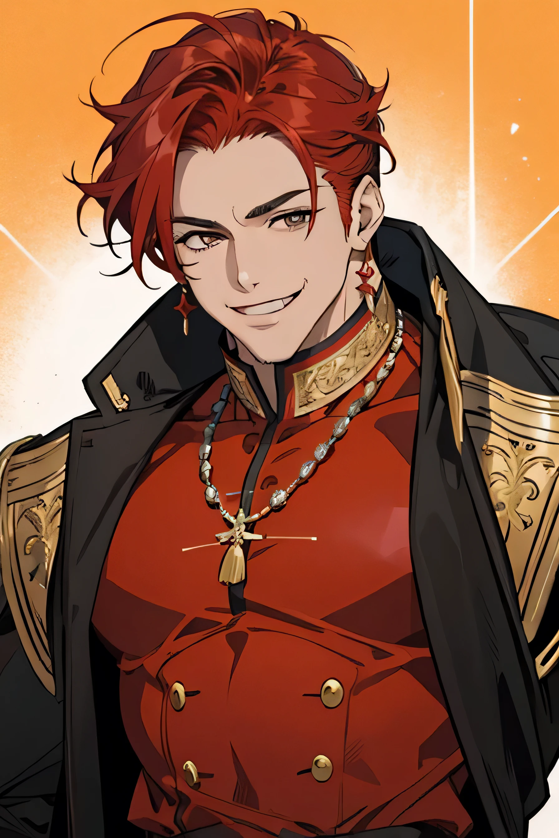 a close up of a person Con cabello rojo elegante modern clothing, muy musculoso, highly developed muscles, chico guapo en el arte, [[[[sonriendo malvadamente]]]], [[[ extremadamente muscular]]], [[[Muscle boy]]],beautiful androgynous prince, chico anime de pelo naranja, friendly smile, mischievous smile, encantadora sonrisa astuta, Con cabello rojo, Sonrisa encantandora, personaje de anime masculino, fanart de alta calidad