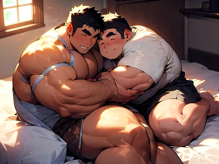 there are two men that are laying on a bed together, big arms, ross tran and bayard wu, powerful and huge, from overwatch, male art, muscular!!, big muscles, (nsfw) safe for work, large muscles, gigachad muscular, most strongest pose, two muscular men entwined, muscular men entwined together, big muscle, thick arm, huge pecs, short leg
