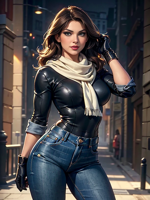 Elisha Cuthbert、(masterpiece:1.0), (Highest_quality:1.2), (Dark Shot:1.3), Classic Rogue, 1991 Rogue X-Men, 1 girl, Only 1, Head to Toe, standing on street corner, Elegant pose, (clothing: 茶colorの冬用コート, 茶colorのフード, Down lining, White scarf, gloves, jeans) Medium length hair, Brown Hair, Wavy Hair, One gray hair, Green Eyes, Mischievous look, Grin, Lips parted,  Red lipstick, Heavy makeup, Confident expression, Backlight, (realism: 1.5), (Realistic: 1.4), (Disorganized:1.4), 8k, Very detailed, Detailed beautiful woman,  (background: Midnight, it&#39;s snowing, On the streets of New York, Snowy Night), Official Art, Very detailed CG ユニティ 8k 壁紙, Perfect lighting, colorful, 超High resolution, photograph, 8k, High resolution, Kodak Portrait 400, Film Grain, blurry background, (Bokeh:1.2), (Vibrant_color:1.2), Film Grain:1.2, (暖かいcolor合い, Warm Tones:1.2), (color photo), プロのphotograph