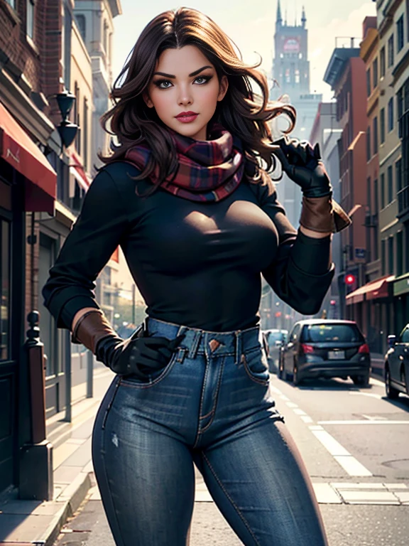 Elisha Cuthbert、(masterpiece:1.0), (Highest_quality:1.2), (Dark Shot:1.3), Classic Rogue, 1991 Rogue X-Men, 1 girl, Only 1, Head to Toe, standing on street corner, Elegant pose, (clothing: 茶colorの冬用コート, 茶colorのフード, Down lining, White scarf, gloves, jeans) Medium length hair, Brown Hair, Wavy Hair, One gray hair, Green Eyes, Mischievous look, Grin, Lips parted, Red lipstick, Heavy makeup, Confident expression, Backlight, (realism: 1.5), (Realistic: 1.4), (Disorganized:1.4), 8k, Very detailed, Detailed beautiful woman, (background: Midnight, it's snowing, On the streets of New York, Snowy Night), Official Art, Very detailed CG ユニティ 8k 壁紙, Perfect lighting, colorful, 超High resolution, photograph, 8k, High resolution, Kodak Portrait 400, Film Grain, blurry background, (Bokeh:1.2), (Vibrant_color:1.2), Film Grain:1.2, (暖かいcolor合い, Warm Tones:1.2), (color photo), プロのphotograph