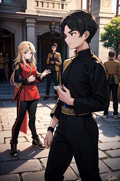 A Large Group of Young Martial Arts Fighters Gathered in an Outdoor Courtyard Decked in Martial Arts Cultural Flags, bronze black gold statues are adorning the entire environment, young people are talking to each other. Ah on the scene teenage boys and girls. They are dressed in their respective clan uniforms.. They have animal companions inspired by Pokémon.