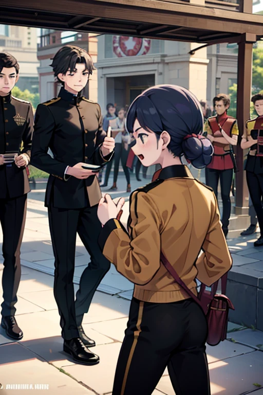A Large Group of Young Martial Arts Fighters Gathered in an Outdoor Courtyard Decked in Martial Arts Cultural Flags, bronze black gold statues are adorning the entire environment, young people are talking to each other. Ah on the scene teenage boys and girls. They are dressed in their respective clan uniforms.. They have animal companions inspired by Pokémon.