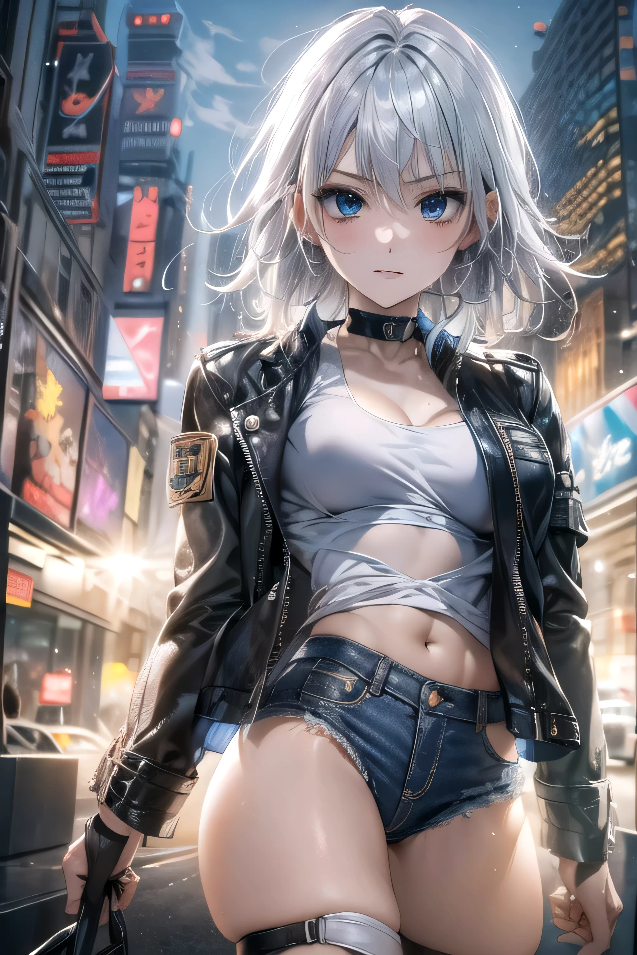 (Photorealistic:1.8, highest quality:1.8,8K masterpiece:1.8,High resolution,Mastepiece:1.8,RAW Photos,Cinematic lighting、8mm fisheye lens),No split screen、cyber punk、Downtown at night、City lights、1 Beautiful Warrior Fighting the Enemy:1.5、(Completely naked、Combat Hair Ornaments、Leather jacket、Tube Bra、Short denim、choker、Knee-high boots、Beautiful ass、Beautiful thighs、Plump nipples、Beautiful breasts、cameltoe、Slender Abs:1.2)、Beautiful and detailed eyes:1.7、Beautiful Skin:1.8、(Soryu Asuka Langley)(Character Focus)、Fighting Pose、
A rich expression、Gets angry violently、laugh at、Surprised、
(midium Hair:1.2, Beautiful, shining blue, white, black and silver hair:1.5)、Sparkling Blue Eyes、Fine Lines