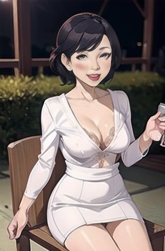 Japanese,Black Hair,50yo,mature sexy woman wearing a white dress sitting on a chair, Short dress,Tight dress,upskirt,White panties,Dim lighting, sexy, hot,Blushed cheeks,blush, Lusty mature woman,Small breasts,erect nipples,(Cum between the breasts),Semen dripping from the mouth,Open your legs slightly towards me,BDSM,Chest tied with rope,Hands tied to a chair,(open leg),