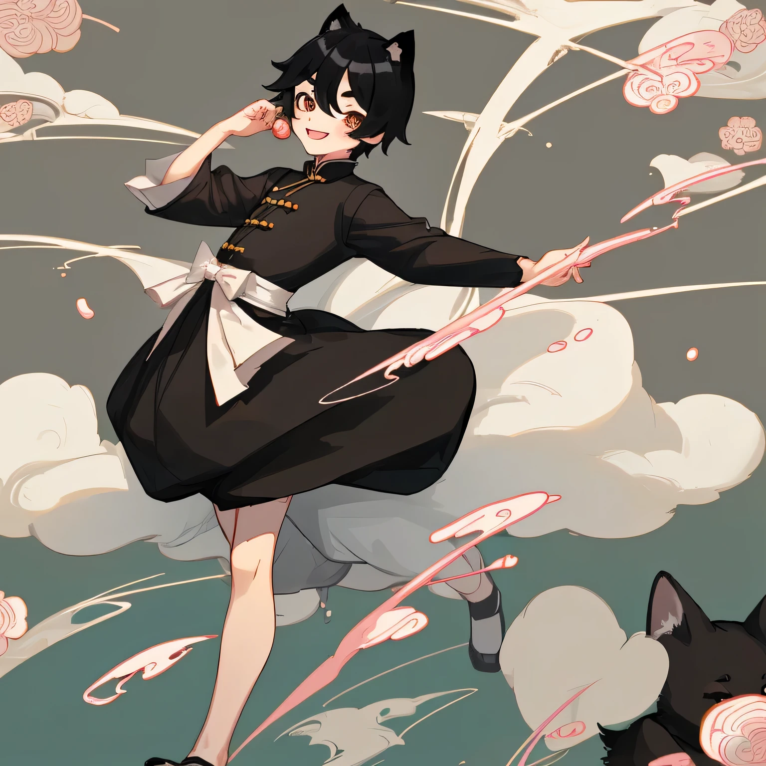 ,boy,boy,alone,Cute boy,Crossdresser,Round eyebrows,Lively slanted eyes,A kind smile,Black Shiba Inu Boy,Black hair,Hairy boy,China dress,Furry,Femboy,delicate,whole body