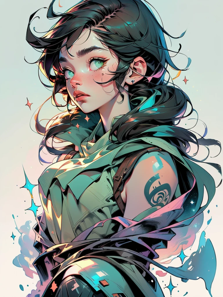 (8k, best quality, masterpiece:1.2),(best quality:1.0), (ultra highres:1.0), painted artwork, a rugged man, shoulder, dark hair, green eyes, inspired by Drew Struzan, half body portrait, extremely luminous bright design, sparkling particles flow breeze, pastel colors, (ink:1.3), autumn lights, inspired by Star Wars poster