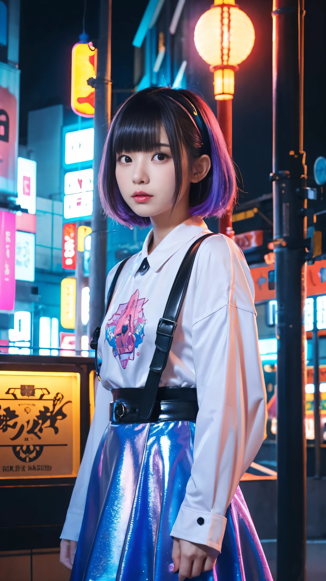 Create an attractive and modern AI illustration of a young Japanese woman, Perfect for NFT sales, set in a fantasy world, A dreamy space. She embodies the latest trends among young people., Stylish, edgy outfits that reflect modern Japanese street fashion - think bold colors。, innovative layer, Combination of traditional and modern elements. Her hairstyle is trendy and expressive, Features bright colors and unique cuts, perhaps symbolizing youth culture. The fantastical space around her is vibrant、Must be imaginative, Contains elements like floating neon signs, Surreal Landscape, or未来的な都市景観. Include eye-catching visual effects such as digital glitches, Holographic Texture, or、Ambient light enhances a dreamy and modern atmosphere. While the illustrations capture the essence of contemporary Japanese youth culture,、Must be placed in an enchanting atmosphere。, Otherworldly environment, This work is attractive to NFT collectors who are attracted to unique items.。, Culturally significant art.