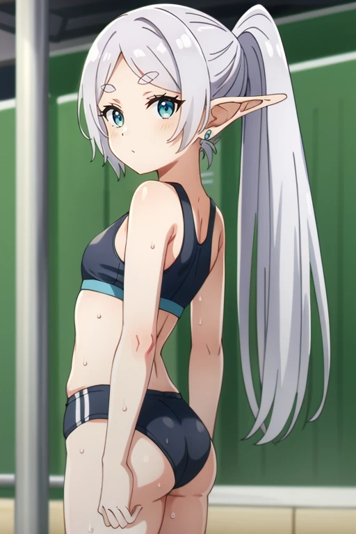 standing, standing,, navel, split, blurry background, back sideview, smile,embrased, red blush,  bow,  gym, looking at viewer, blush, sweat, solo, sports bra,  1girl, ,small breasts,wet body, Small breasts ,elf,white hair,grey hair,earrings,pointy ears,long hair,ponytail,green clean eyes, clean eyes, twintails,parted bangs,thick eyebrows,