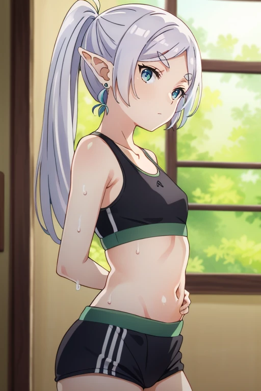 standing, standing,, navel, split, blurry background, back sideview, smile,embrased, red blush, bow, gym, looking at viewer, blush, sweat, solo, sports bra, 1girl, ,small breasts,wet body, Small breasts ,elf,white hair,grey hair,earrings,pointy ears,long hair,ponytail,green clean eyes, clean eyes, twintails,parted bangs,thick eyebrows,