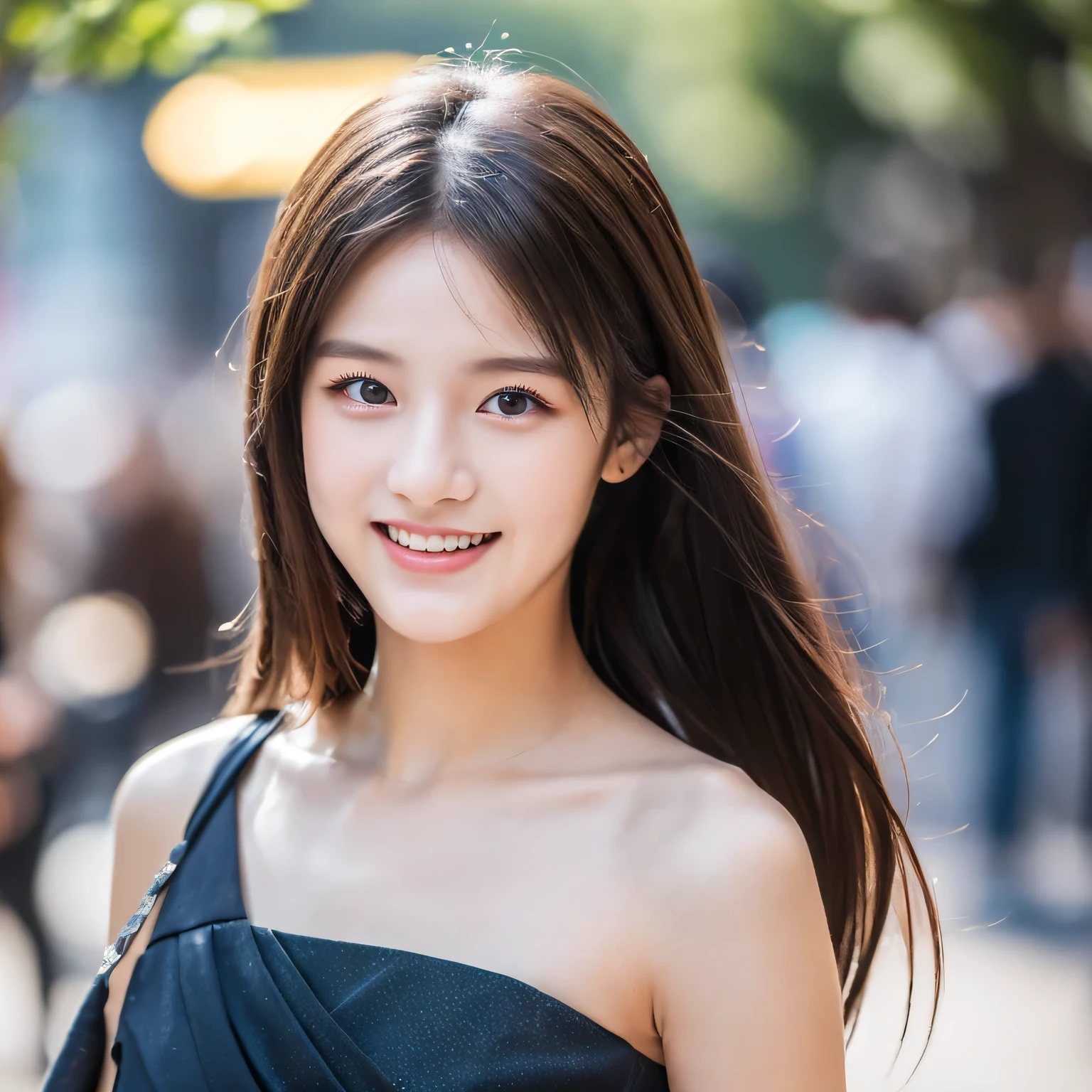((Best quality, 8k, Masterpiece :1.3)), 1girl, smiling, full body, slim face, Pretty woman, (Dark brown hair), full length dress :1.1, Ultra-detailed face, Detailed eyes, Double eyelid, blur background, slim face, city, outside, street,