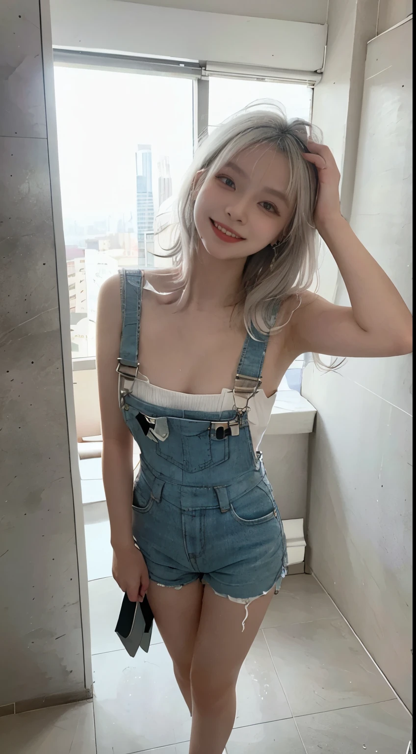 Best image quality、RAW Photos、超A high resolution、21 years old Korean、Small breasts、Dynamic Angle、Cowboy Shot、Chaos in its most beautiful form、elegant、brutalism design、Vibrant colors、Beautiful white hair、Short Bob、smile、fun、smile、Glowing White Skin、Beautiful eyes with random colors、Very thin lips、Beautiful eyes in every detail、length, Narrow eyes、Cheeks are pale pink、length eyelashes、Beautiful double eyelids、eye shadow、Bright white hair、Overalls、city、Photographed from diagonally above、Selfie、Full Body Shot