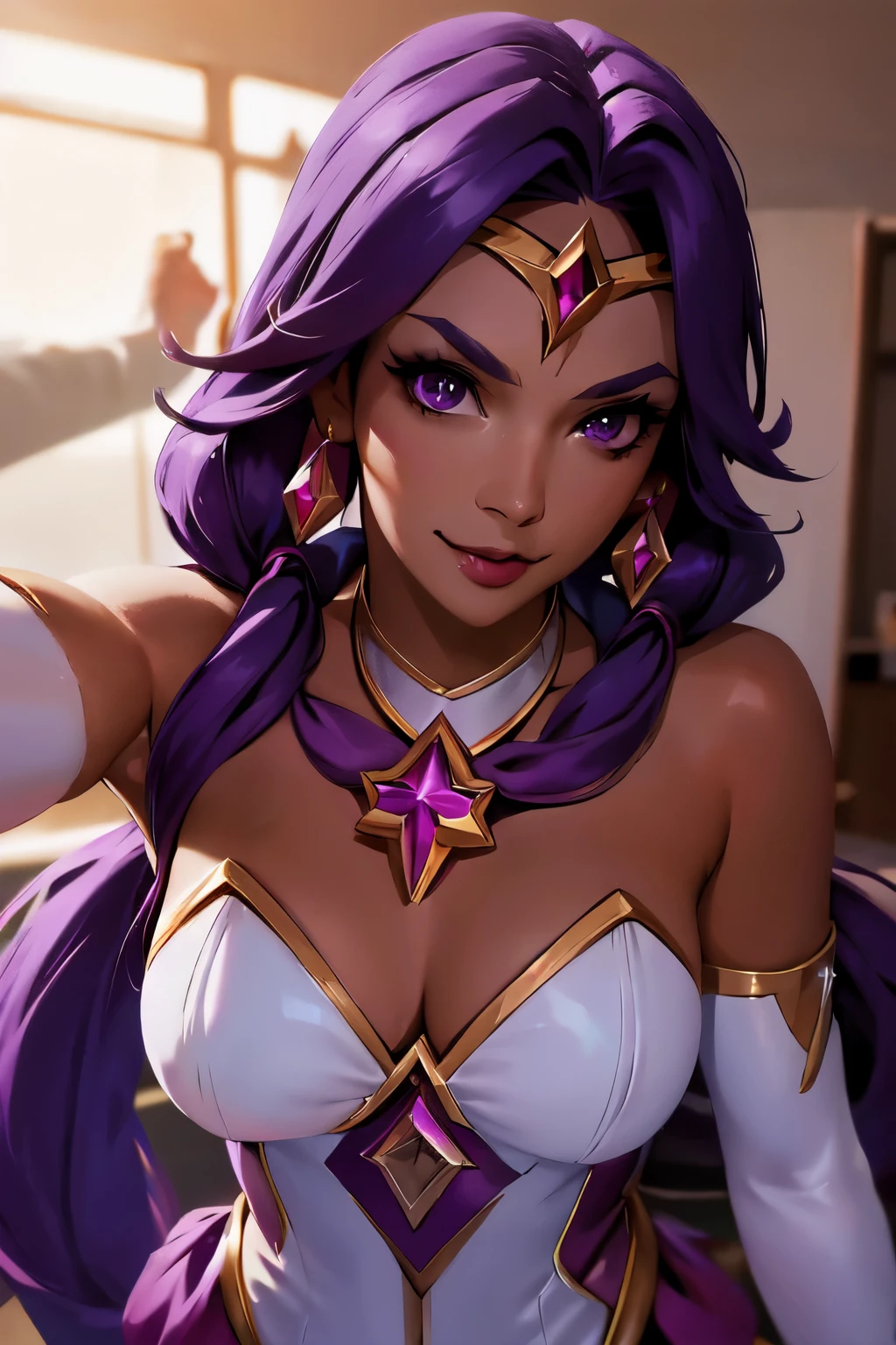 (solo, 1girl), (absurdres, ,highres, official wallpaper, poster), (masterpiece, best quality:1.2), (illustration, realistic), (perfect details, highest detailed, extreme detailed), dramatic light, (1girl solo, kabedon pov), (street, city, Heart-shaped pupils:1.2), starguardiannilah, (white thighhighs, elbow gloves, hair ornament, star guardian \(league of legends\), chocker, long hair, purple hair, low twintails, chest jewel, star \(symbol\), tiara), brown skin, evil smile, Tounge out
