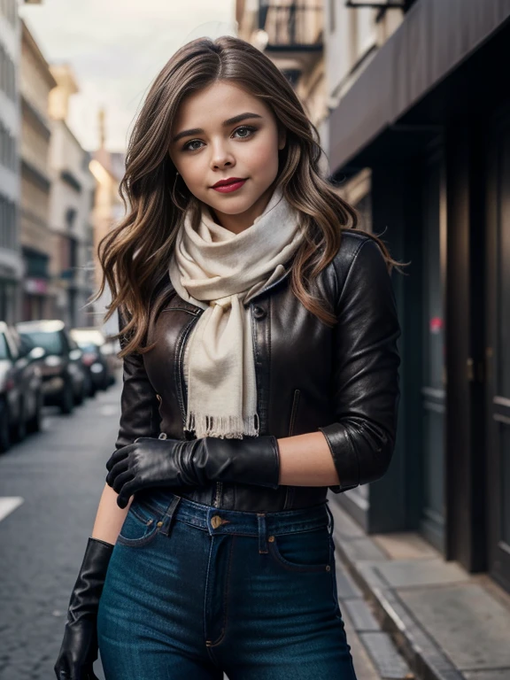 Chloe Grace Moretz、(masterpiece:1.0), (Highest_quality:1.2), (Dark Shot:1.3), Classic Rogue, 1991 Rogue X-Men, 1 girl, Only 1, Head to Toe, standing on street corner, Elegant pose, (clothing: 茶colorの冬用コート, 茶colorのフード, Down lining, White scarf, gloves, jeans) Medium length hair, Brown Hair, Wavy Hair, One gray hair, Green Eyes, Mischievous look, Grin, Lips parted, Red lipstick, Heavy makeup, Confident expression, Backlight, (realism: 1.5), (Realistic: 1.4), (Disorganized:1.4), 8k, Very detailed, Detailed beautiful woman, (background: Midnight, it's snowing, On the streets of New York, Snowy Night), Official Art, Very detailed CG ユニティ 8k 壁紙, Perfect lighting, colorful, 超High resolution, photograph, 8k, High resolution, Kodak Portrait 400, Film Grain, blurry background, (Bokeh:1.2), (Vibrant_color:1.2), Film Grain:1.2, (暖かいcolor合い, Warm Tones:1.2), (color photo), プロのphotograph