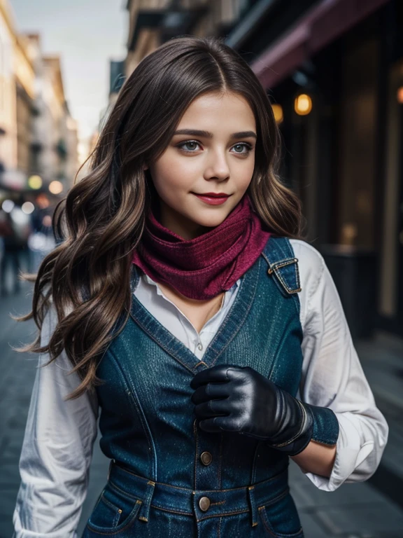 Chloe Grace Moretz、(masterpiece:1.0), (Highest_quality:1.2), (Dark Shot:1.3), Classic Rogue, 1991 Rogue X-Men, 1 girl, Only 1, Head to Toe, standing on street corner, Elegant pose, (clothing: 茶colorの冬用コート, 茶colorのフード, Down lining, White scarf, gloves, jeans) Medium length hair, Brown Hair, Wavy Hair, One gray hair, Green Eyes, Mischievous look, Grin, Lips parted, Red lipstick, Heavy makeup, Confident expression, Backlight, (realism: 1.5), (Realistic: 1.4), (Disorganized:1.4), 8k, Very detailed, Detailed beautiful woman, (background: Midnight, it's snowing, On the streets of New York, Snowy Night), Official Art, Very detailed CG ユニティ 8k 壁紙, Perfect lighting, colorful, 超High resolution, photograph, 8k, High resolution, Kodak Portrait 400, Film Grain, blurry background, (Bokeh:1.2), (Vibrant_color:1.2), Film Grain:1.2, (暖かいcolor合い, Warm Tones:1.2), (color photo), プロのphotograph
