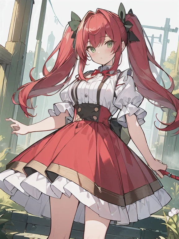 (((masterpiece))), (((highest quality))), ((Very detailedな)), (Highly detailed CG illustrations),Cinematic Light, alone,(Cowboy Shot: 1.2),Alice in Wonderland, , Large Breasts, Red Hair, Long Hair, Twin tails, Red dress, Green High Socks,Magic wand, (Focus on the characters), SF, Very detailed, colorful, White background