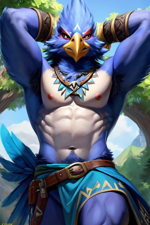Revali (The Legend of Zelda: Breath of the Wild), anthropomorphic bird, covered in bleu feathers, chest covered in feathers, arms covered in feathers, legs covered in feathers, underwear, massive genitals, bedroom eyes, smirk, hot, chunie, darkgem, meesh