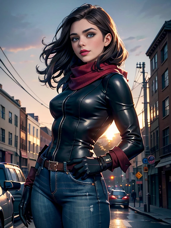 Chloe Grace Moretz、(masterpiece:1.0), (Highest_quality:1.2), (Dark Shot:1.3), Classic Rogue, 1991 Rogue X-Men, 1 girl, Only 1, Head to Toe, standing on street corner, Elegant pose, (clothing: 茶colorの冬用コート, 茶colorのフード, Down lining, White scarf, gloves, jeans) Medium length hair, Brown Hair, Wavy Hair, One gray hair, Green Eyes, Mischievous look, Grin, Lips parted, Red lipstick, Heavy makeup, Confident expression, Backlight, (realism: 1.5), (Realistic: 1.4), (Disorganized:1.4), 8k, Very detailed, Detailed beautiful woman, (background: Midnight, it's snowing, On the streets of New York, Snowy Night), Official Art, Very detailed CG ユニティ 8k 壁紙, Perfect lighting, colorful, 超High resolution, photograph, 8k, High resolution, Kodak Portrait 400, Film Grain, blurry background, (Bokeh:1.2), (Vibrant_color:1.2), Film Grain:1.2, (暖かいcolor合い, Warm Tones:1.2), (color photo), プロのphotograph
