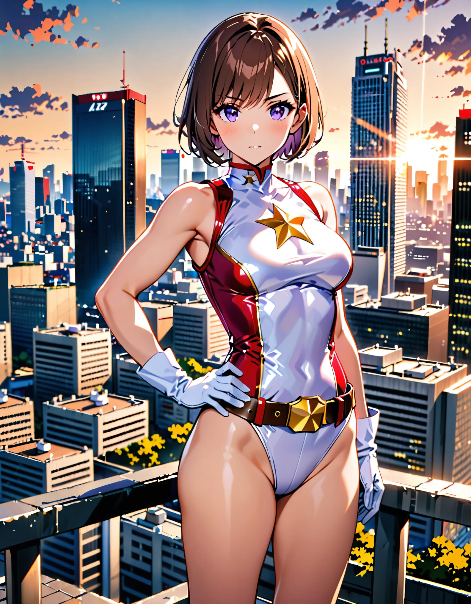 1girl, medium breasts, ((leotard, white and red leotard, sleeveless, bare legs)), ((tight belt, gold belt)), ((boots, matching boots, ankle boots, white boots)), ((gloves, white gloves)), city backdrop, tokyo city backdrop, solo, single, hands on hip, standing, ((full body shot)), cowboy shot, superhero, ((beautiful detailed eyes)), (gold star symbol on chest), (brown hair, short hair, bob hair, purple eyes), (perfect anatomy), masterpiece, best quality