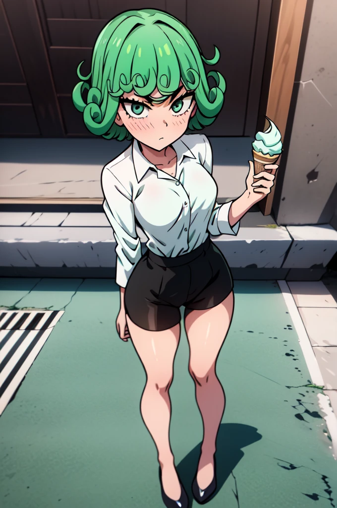 absurdres, highres, ultra detailed, tatsumakitornado, short green hair, curly hair, white shirt, black shorts,office outfit,outdoors, green eyes ,full body ,looking up at veiwer, blushing ,standing,giving veiwer ice-cream 