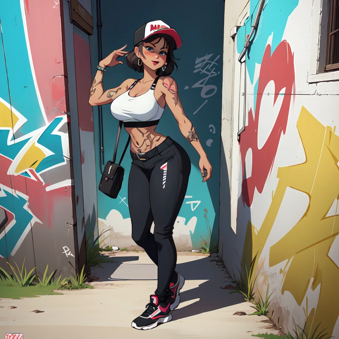 anime style, graffiti woman, graffiti on the wall, seminude against the wall, side cap, bright colors, good figure, good curves, highest quality tattoos, ultra detailed, tattooed breasts, 8K, full body