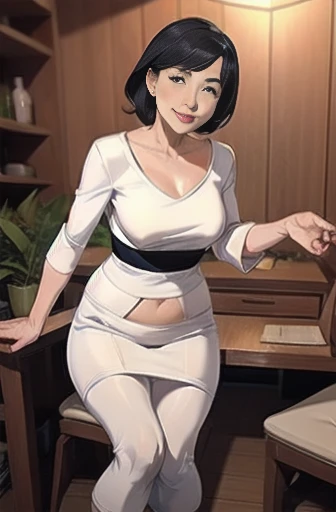 Japanese,Black Hair,50yo,mature sexy woman wearing a white dress sitting on a chair, Short dress,Tight dress,upskirt,White panties,Dim lighting, sexy, hot,Blushed cheeks,blush, Lusty mature woman,Small breasts,erect nipples,(Cum between the breasts),Semen dripping from the mouth,Open your legs slightly towards me,BDSM,Chest tied with rope,Hands tied to a chair,(open leg),