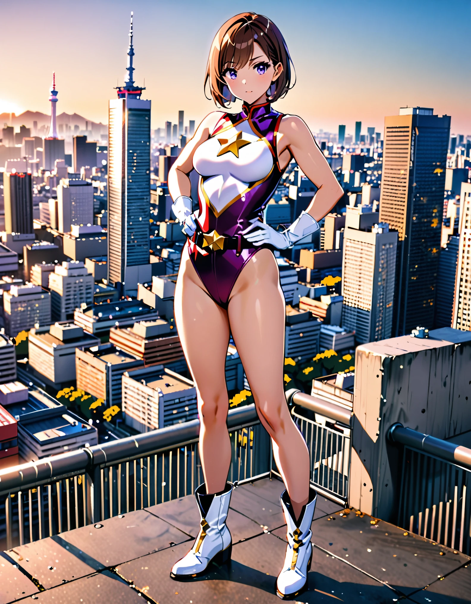 1girl, medium breasts, ((leotard, white and red leotard, sleeveless, bare legs)), ((tight belt, gold belt)), ((boots, matching boots, ankle boots, white boots)), ((gloves, white gloves)), city backdrop, tokyo city backdrop, solo, single, hands on hip, standing, ((full body shot)), cowboy shot, superhero, ((beautiful detailed eyes)), (gold star symbol on chest), (brown hair, short hair, bob hair, purple eyes), (perfect anatomy), masterpiece, best quality