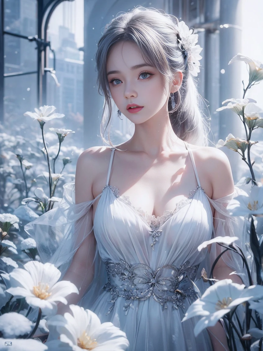 (((masterpiece))), highest quality, figure, 4k wallpaper, Cinematic Light, Absurd, One girl,(snow,ice), Snow Flower, In winter, Gray Hair, Shiny Hair, Wavy Hair, Transparent clothes, Frills, race, Wet clothes, off_shoulder, Hair Scrunchie,masterpiece, telescope lens, Absurd, Graceful featureovie Posting，Poster composition，Strike a pose gracefully，classical，Natural light，Soft Light，（7 Doppelgangers） ，amazing，Dreams are magical，Mysterious