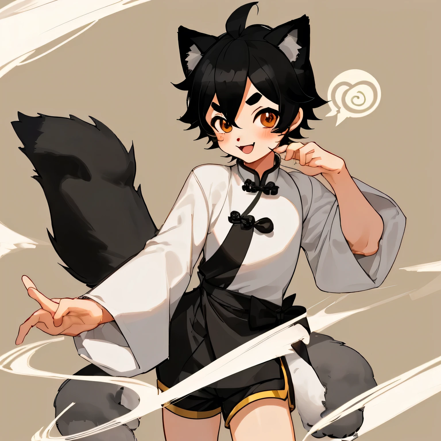 Young children,One boy,alone,Cute Boys,Crossdresser,Round eyebrows,Lively slanted eyes,A kind smile,Black Shiba Inu Boy,Black hair,Hairy boy,China dress,Shorts,Furry,Femboy,delicate,whole body