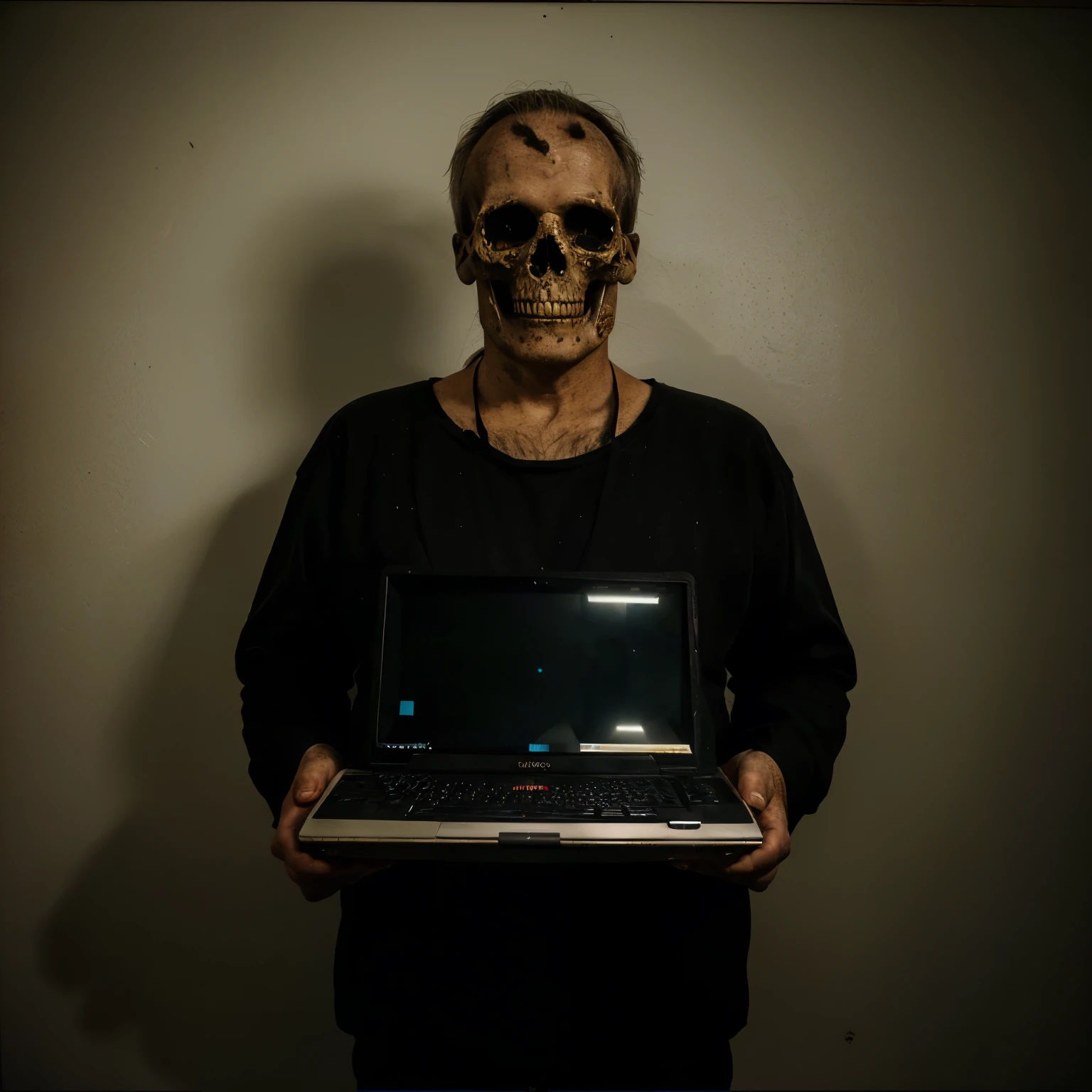 a macabre photo of a man holding an old computer monitor in his hands, exibindo a tela em sua frente, plano de fundo escuro