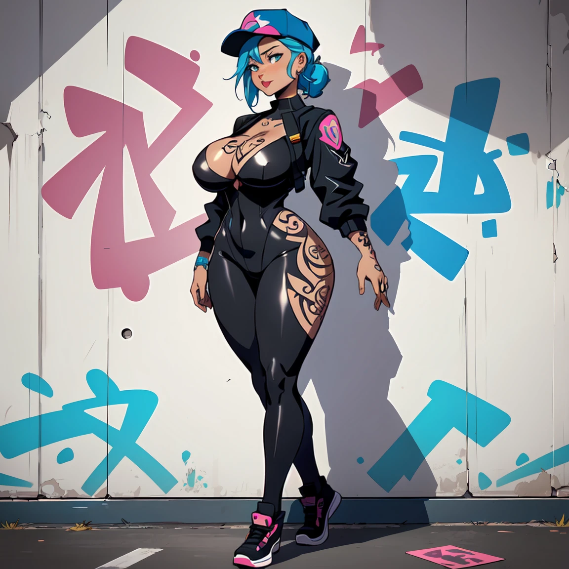 anime style, graffiti woman, graffiti on the wall, seminude against the wall, side cap, bright colors, good figure, good curves, highest quality tattoos, ultra detailed, ((gorgeous and full tattooed breasts)), 8K, full body.