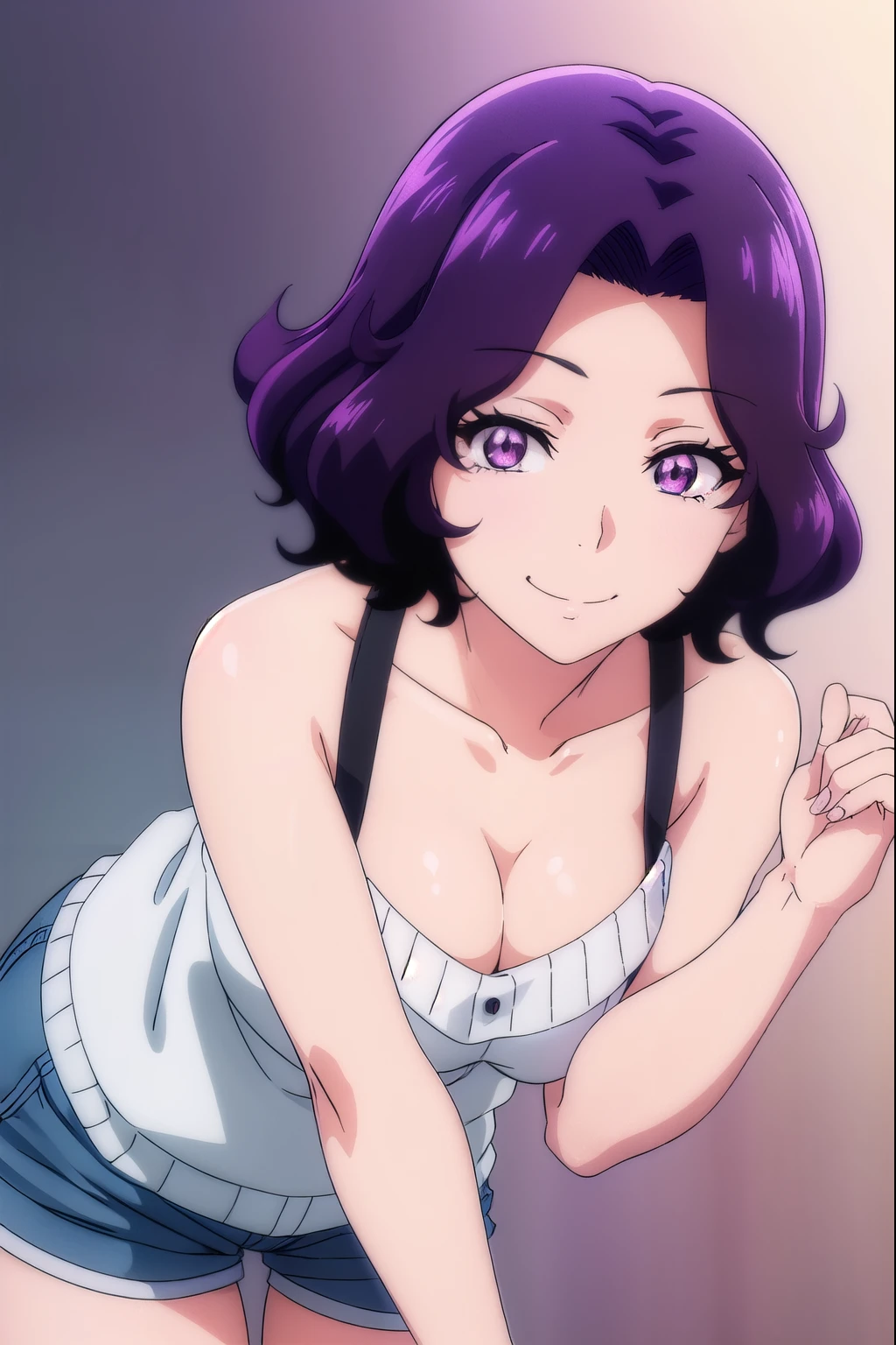 azusahamaoka, azusa hamaoka, short hair, (purple eyes:1.1), purple hair, (parted bangs:1.5), smile, grin, looking at viewer, best quality, high resolution, unity 8k wallpaper, (illustration:0.8), (beautiful detailed eyes:1.6), extremely detailed face, perfect lighting, extremely detailed CG, (perfect hands, perfect anatomy), sweater, cleavage, big breasts, large , seductive smile, short shorts, (leaning forward:1.5)