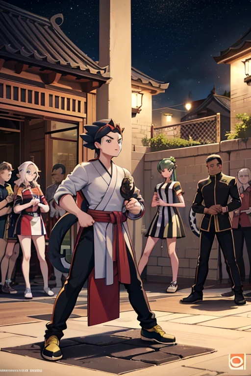 A Large Group of Young Martial Arts Fighters Gathered in an Outdoor Courtyard Decked in Martial Arts Cultural Flags, bronze black gold statues are adorning the entire environment, young people are talking to each other. Ah on the scene age boys and girls. They are dressed in their respective clan uniforms.. (((They have mystical animal companions inspired by Pokémon)))