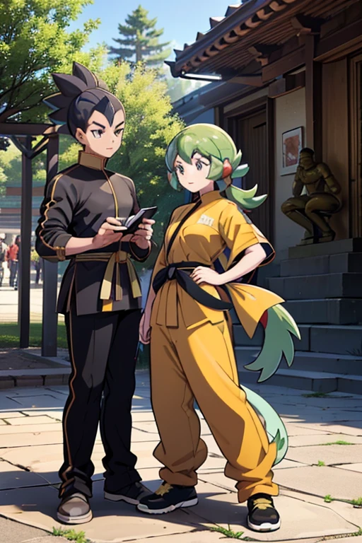 A Large Group of Young Martial Arts Fighters Gathered in an Outdoor Courtyard Decked in Martial Arts Cultural Flags, bronze black gold statues are adorning the entire environment, young people are talking to each other. Ah on the scene age boys and girls. They are dressed in their respective clan uniforms.. (((They have mystical animal companions inspired by Pokémon)))
