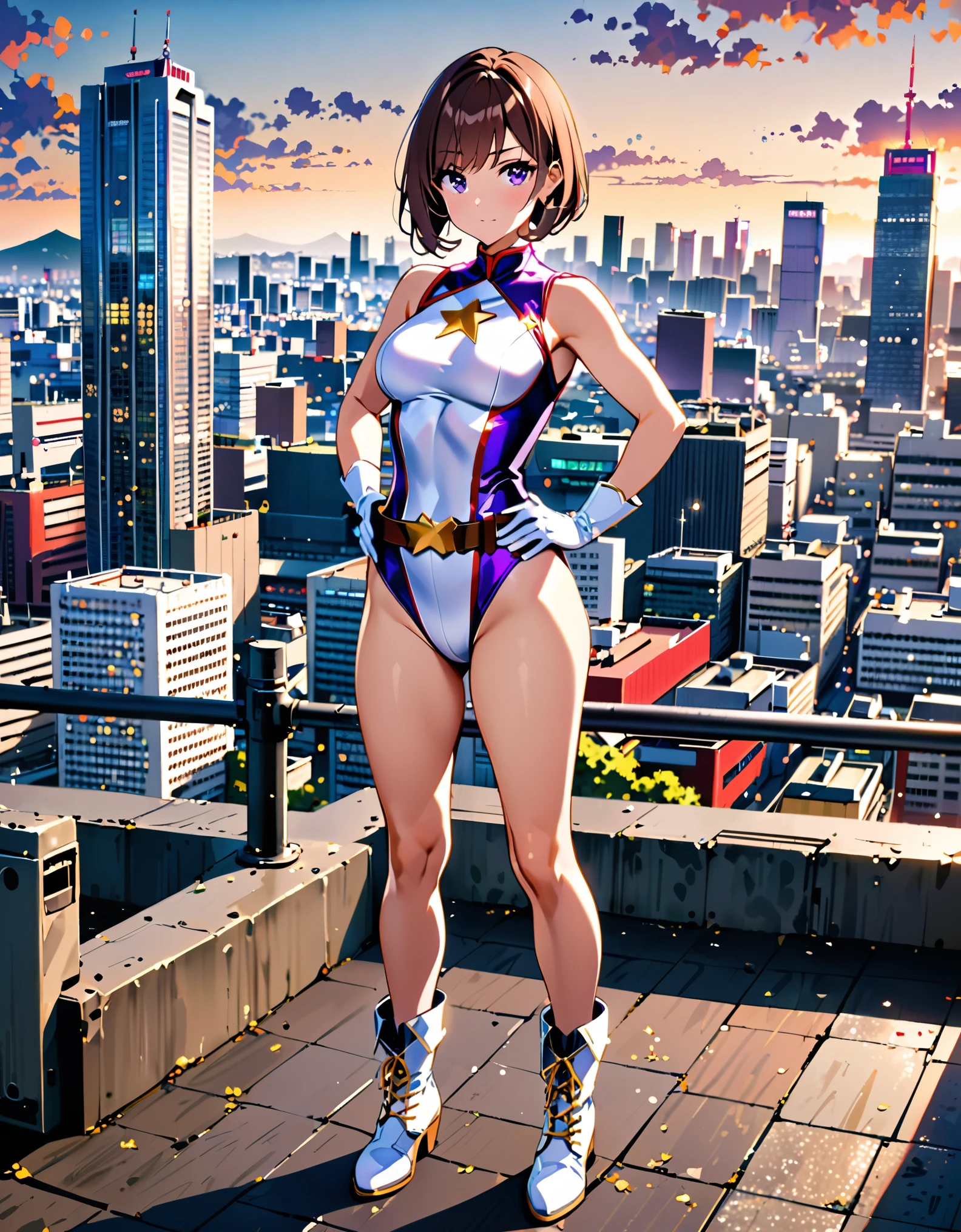 1girl, medium breasts, ((leotard, white and red leotard, sleeveless, bare legs)), ((tight belt, gold belt)), ((boots, matching boots, ankle boots, white boots)), ((gloves, white gloves)), city backdrop, tokyo city backdrop, solo, single, hands on hip, standing, ((full body shot)), cowboy shot, superhero, ((beautiful detailed eyes)), (gold star symbol on chest), (brown hair, short hair, bob hair, purple eyes), (perfect anatomy), masterpiece, best quality