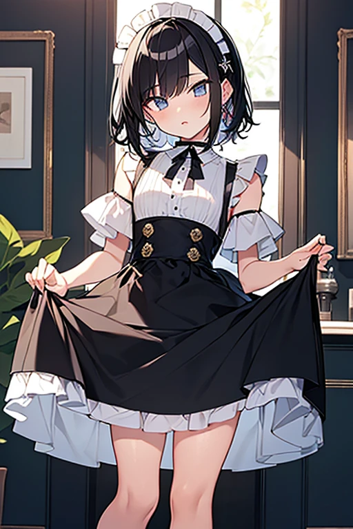 (masterpiece, highest quality, highest quality, Official Art, Cosmetology and aesthetics: 1.2), A cross-dressing boy with shoulder-length black hair and a short skirt wearing a maid's uniform、Cute, delicate and short, Half-dressed, whole body,Front, back and side view,three views,Character Sheet,No background