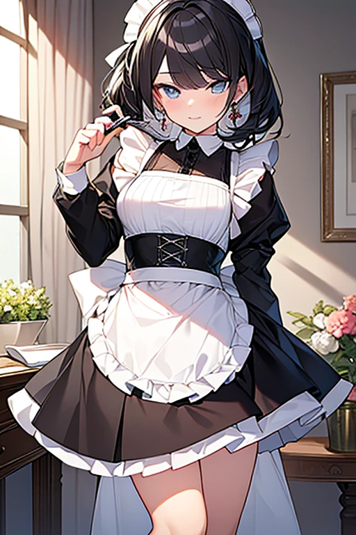 (masterpiece, highest quality, highest quality, Official Art, Cosmetology and aesthetics: 1.2), A cross-dressing boy with shoulder-length black hair and a short skirt wearing a maid's uniform、Cute, delicate and short, Half-dressed, whole body,Front, back and side view,three views,Character Sheet,No background