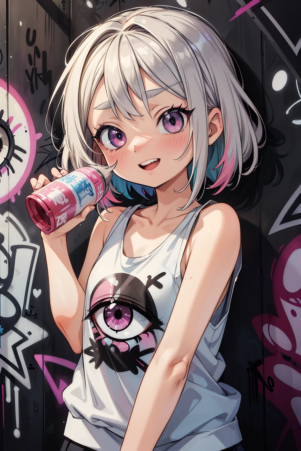 ((Masterpiece)), ((best quality)), (Anime:1.3), (super detail:1.2), (High Definition:1.3), (Professional Photography:1.3), (()), cute young Girl, Glossy unruly hair, (loose swept bangs), (silver ash hair), medium hair, big eyes, (Eye bags:1.3), (Long eyelashes), colorful eyes, (evil smile and blush), open mouth, Glossy lips, (jagged teeth), farewell, (cute tanktop), barearms, cute, (Hold the spray can in hand), (colorful:1.3), gothic makeup, (against the graffiti wall:1.5),