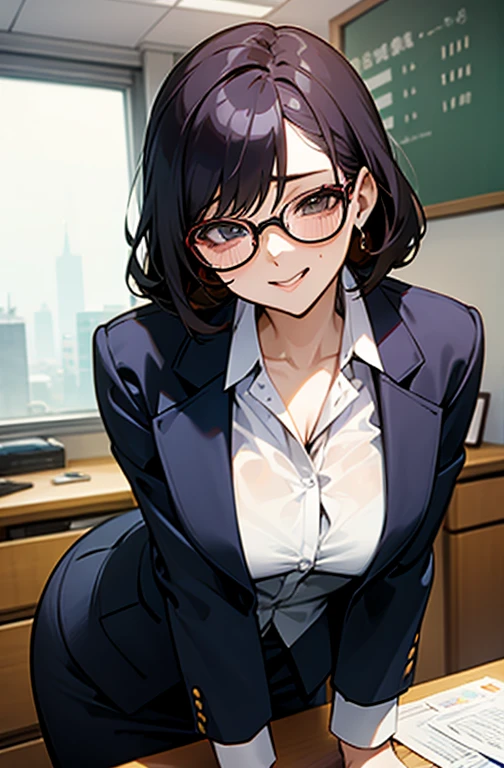 One Mature Woman、Office Lady、suit、Big Breasts、Thin glasses、((Heavy makeup、eye shadow、lipstick))、Looks nervous、V-shaped eyebrows、Chignon、Upper Body、Watching the audience、